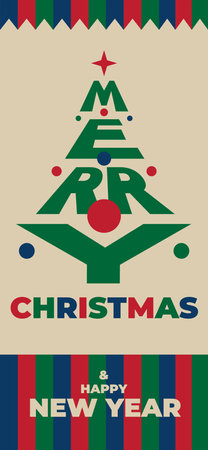 Merry christmas and happy new year wallpaper, greeting card. Christmas tree, balls. Simple flat design for greeting card, wallpaper. Party event decoration, vector illustrationのイラスト素材