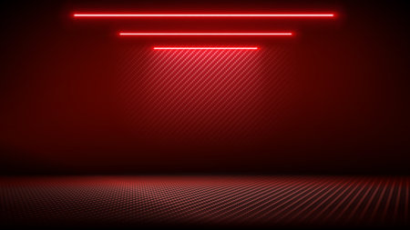 Studio interior with carbon fiber texture. Modern carbon fiber textured red black interior, light. Background for mounting, product placement. Vector background, template, mockupのイラスト素材