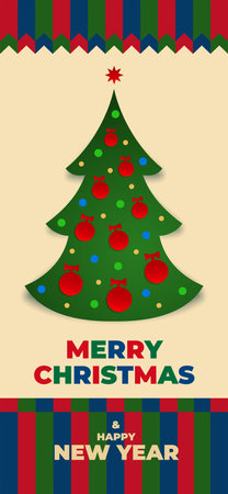 Merry christmas and happy new year greeting card, wallpaper. Christmas tree, balls. Creative design for postcard, greeting card, wallpaper. Party event decoration, vectorのイラスト素材