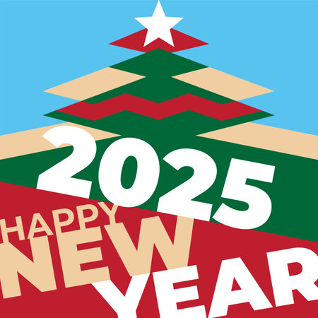 Happy new year 2025 wallpaper, greeting card poster. Christmas tree, star. lat design for banner, invitation, greeting card, wallpaper. Party event decoration, vector illustrationのイラスト素材