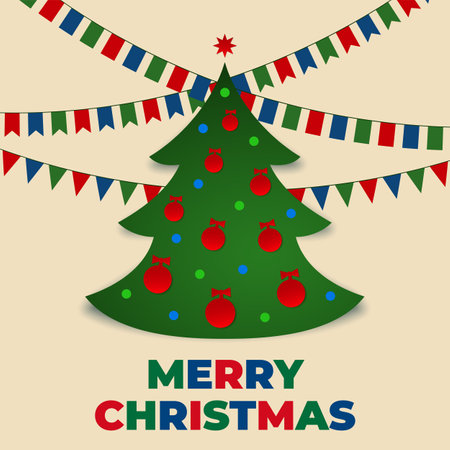 Merry christmas greeting card, poster, banner. Christmas tree, garland, balls. Design postcard, invitation greeting card, wallpaper. Party event decoration, vector illustrationのイラスト素材