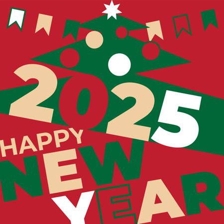 Happy new year 2025 wallpaper, greeting card, poster. Christmas tree, star. Simple flat design for banner, invitation, greeting card. Party event decoration, vector illustrationのイラスト素材