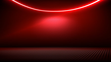 Studio interior with carbon fiber texture. Modern carbon fiber textured red black interior light. Background for mounting, product placement. Vector background, template, mockupのイラスト素材