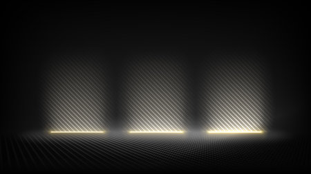 Studio interior carbon fiber texture. Modern carbon fiber textured black interior with light. Dark background for mounting, product placement. Vector mockup, background, templateのイラスト素材