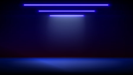 Studio interior, stage neon, led lighting. Background. Modern interior with light. Backdrop for mounting, product placement. Design element. Vector background, template, mockupのイラスト素材