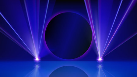 Bright LED laser beam and round screen for presentation. Illuminated blue stage, led strobe lights. Background, backdrop for displaying products and text. Laser light show. Vectorのイラスト素材