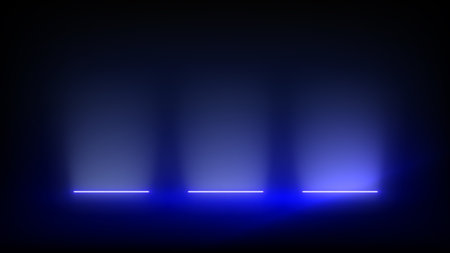 Studio interior, stage with neon, led lighting. Background. Modern blue black interior with light. Backdrop for mounting, product placement. Vector background, template, mockupのイラスト素材