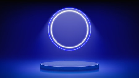 Futuristic blue stage, podium. Blue room round podium pedestal illuminated by circular neon, led halo. Background for displaying products, presentation. Backdrop. Showcase. Vectorのイラスト素材