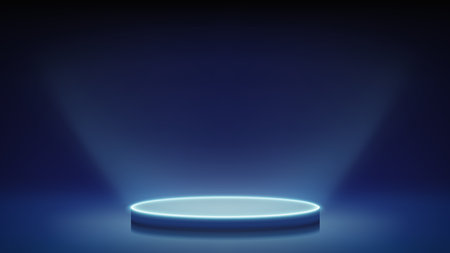 Futuristic blue dim stage, glowing podium. Blue room, round neon pedestal illuminating advertised product from below. Background. presentation Showcase. Backdrop. Vectorのイラスト素材