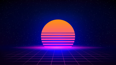 Synthwave background 80's. Retro style, neon color. Futuristic 3d dark blue backdrop, geometric sci-fi digital template. Starry sky background, mesh, grid floor, sun, moon. Vectorのイラスト素材