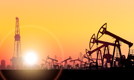 Pumpjack. Land crude oil drilling rig, derrick. Oil field, pump jack. Background sunset sky. Onshore production, industry, business. Silhouette, horizon, desert, sun. Vectorのイラスト素材