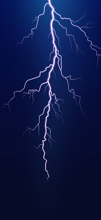 Thunder lightning smartphone wallpaper, background. Dramatic thunderstorm bright lightning, dark sky. Night thunderbolt. Vertical blue nature background. Realistic vectorのイラスト素材