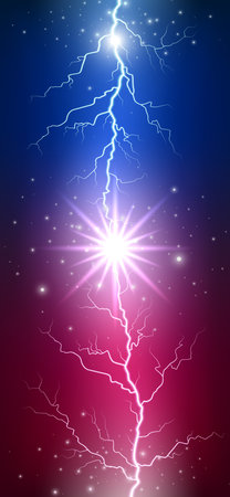 Battle of red blue lightning smartphone wallpaper, background. Thunder collision. Bright lightning with sparks, glow. Battle, confrontation. Vertical background. Vectorのイラスト素材