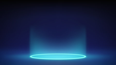Futuristic glowing blue stage, studio. Empty room, circular blue neon lighting in floor. Product levitates, hangs. Displaying products, presentation. Showcase. Backdrop. Vectorのイラスト素材