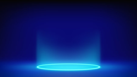 Futuristic glowing blue stage, studio. Empty room, circular cyan neon lighting in floor. Product levitates, hangs. Background. Displaying products, presentation. Backdrop. Vectorのイラスト素材