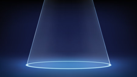 Futuristic blue empty dim stage studio. Laser spotlight, circle on floor. Blue background displaying products, advertising, presentation. Backdrop. Showcase. Vector illustrationのイラスト素材