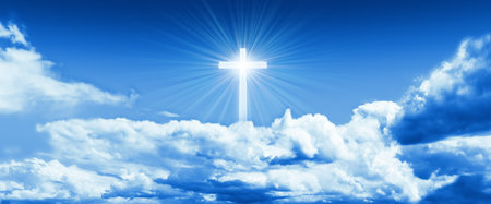 Shining majestic cross, cloudy sky. Easter, christmas christian panoramic layout, template. Sky with clouds, cross. Peaceful religious background. Divine shining heaven, lightの写真素材