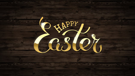 Happy easter golden lettering on a dark wooden wall. Handwritten easter luxury logo. Weathered dark wall background. Shining text title. Hand drawn banner, greeting card, templateの写真素材