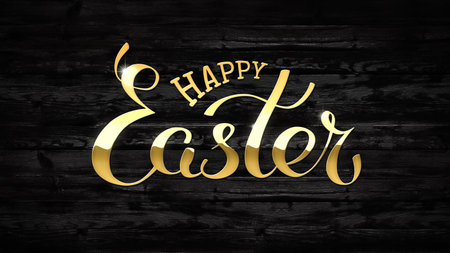 Happy easter golden lettering on a black painted wooden wall. Handwritten easter golden logo. Weathered black wall background. Shining text title. Hand drawn banner, greeting cardの写真素材
