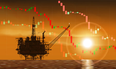 Falling price. Offshore oil drilling rig, platform on oil price chart, financial data. Fall stock index. Low price per barrel. Background sunset sky. Silhouette, seascape. Vectorのイラスト素材