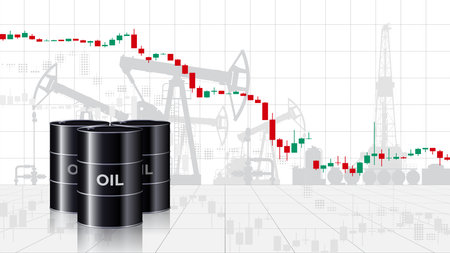 Chart of falling oil prices per barrel. Crude oil barrels on map background. Analysis of the fall of global energy markets. World market review. Investment strategies. Vectorのイラスト素材