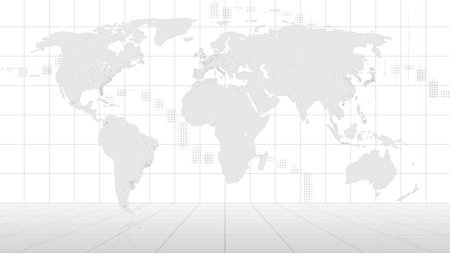 World map in 3D mesh space. Outline silhouette map of the world. Black and white light gray sketch. Place for display products. Copy space, place for text. Vector illustrationのイラスト素材