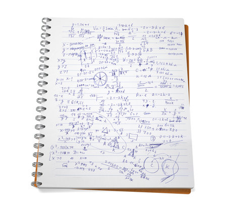 An open lined notebook filled with writing. Ring binder draft notepad. Notebook with sheets of paper covered with writing. Back to school. 3D render. Isolated on white backgroundの写真素材