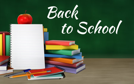 Back to school. Green chalkboard background. School supplies. Stacks of books with notepad, stationery apple on blackboard background. Copy space place for text. 3D Illustrationの写真素材