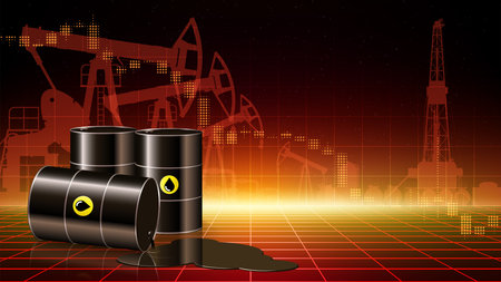 Oil barrels on abstract industrial red background. Crude oil production and refining industry. Pumpjack. Drilling rig, derrick. Copy paste, place for text. Vectorのイラスト素材