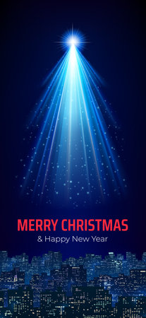 Merry christmas and happy new year greeting card. Bright star, rays like christmas tree over city on night sky background. Christmas and New Year banner. Vertical wallpaper Vectorのイラスト素材