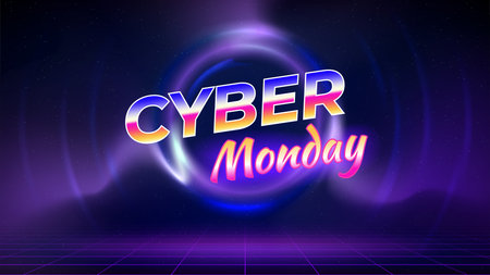 Cyber monday offer banner, neon color. Sale poster promotion. Laser grid, circular frame, wireframe, blue background. Cyber Monday synthwave concept. Space text, copy paste. Vectorのイラスト素材