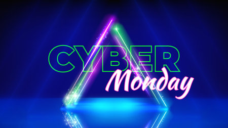Cyber Monday neon offer poster. Special offer sale. Neon triangular frame. Stage blue background. Cyber Monday concept, advertising. Sale, promotion banner. Vector illustrationのイラスト素材