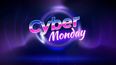 Cyber monday offer banner, neon color. Sale poster, promotion. Laser grid, circular frame, dark blue background. Cyber Monday synthwave concept. Space text, copy paste. Vectorのイラスト素材