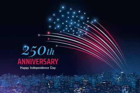 4th of july usa independence day. US flag fireworks over cityscape. Happy fourth of july, independence day. American national holiday. Colorful fireworks on dark sky backgroundのイラスト素材