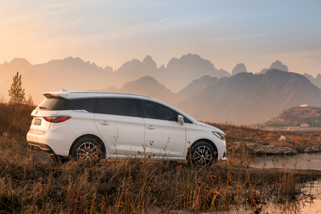 Modern white car on off roadのeditorial素材