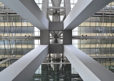 Looking up high pole building 
