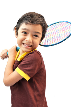 Sport boy play  badminton on white backgroundの写真素材