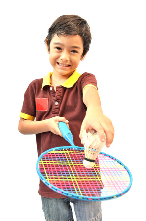 Sport boy play  badminton on white backgroundの写真素材