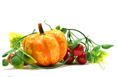 Japan pumpkinwith red cherry on white backgroundの写真素材