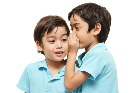 Little sibling boys sharing a secret on white backgroundの写真素材