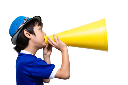 little boy shouting with the megaphone  on white bakcgroundの写真素材