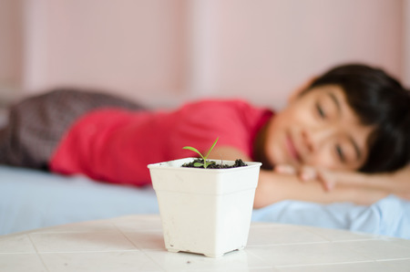 Little asian boy wating for new baby plant grow up in bedroom