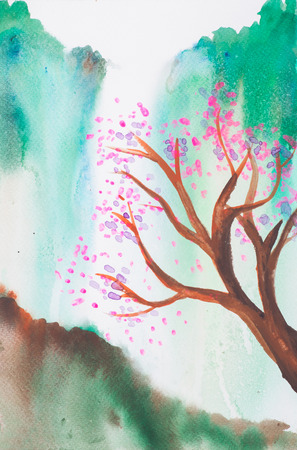 Waterfall paintin water coloring on paperの写真素材