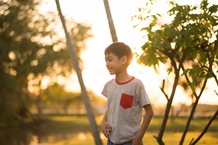 Little boy feeding fish in the parkの写真素材