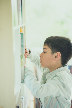 Little boy and mother reading books in the library の写真素材