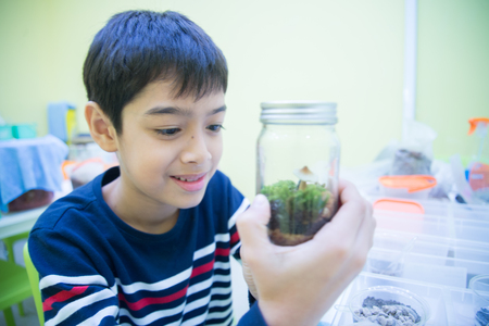 Kid plant small tree in the bottle in the science classの写真素材