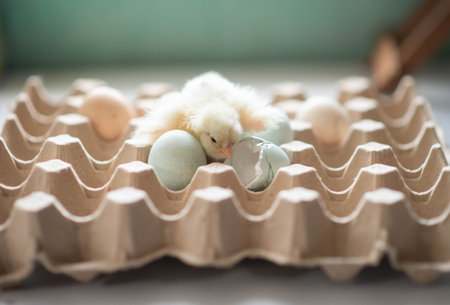 Newborn baby chicken ameraucana hatching from egg backyard farmの写真素材