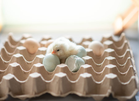 Newborn baby chicken ameraucana hatching from egg backyard farmの写真素材