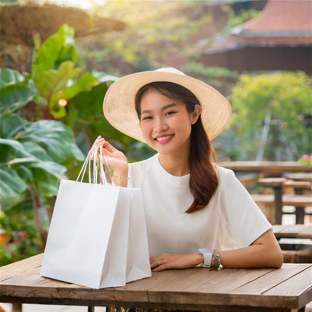 Happy asian woman with shopping bag in outdoor cafe. Shopping concept.の素材