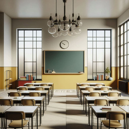 Classroom interior with empty green chalkboard and chairs. 3d renderの素材